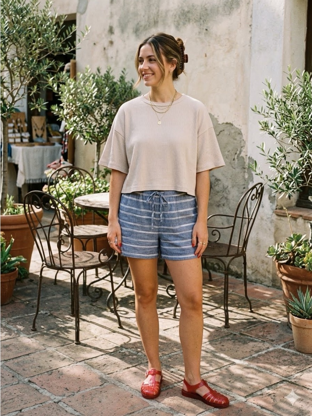 Liz Claiborne Blue and White Striped Linen Shorts Size Large